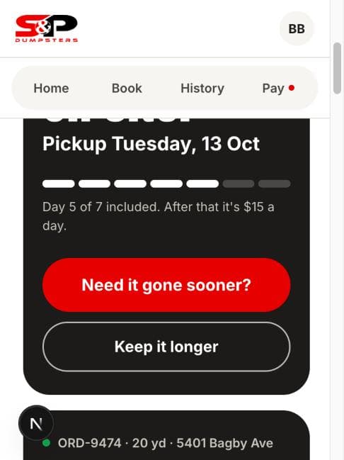 The portal's overview screen showing a container on site, its pickup date and how many of the included days are used