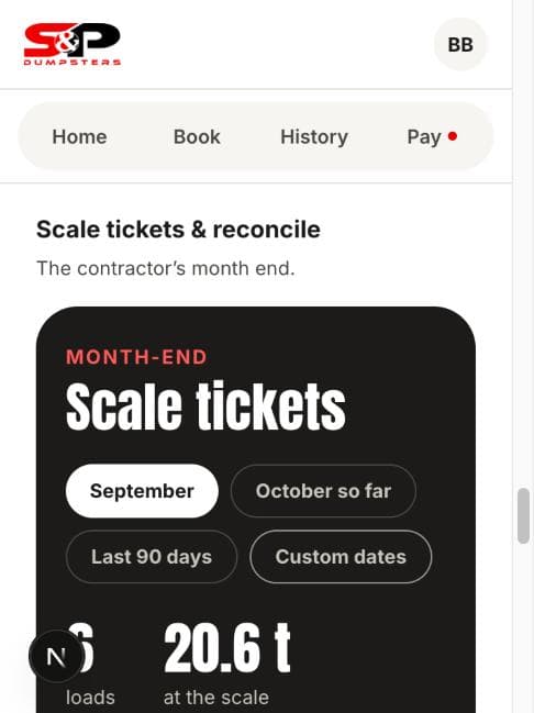 The portal's month-end screen showing load count, tons at the scale and a button to download the month's tickets as a ZIP