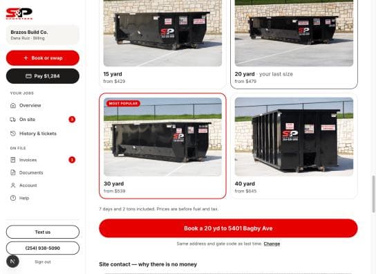 The portal's rail showing Book or swap, an outstanding balance, and navigation grouped under Your jobs and On file