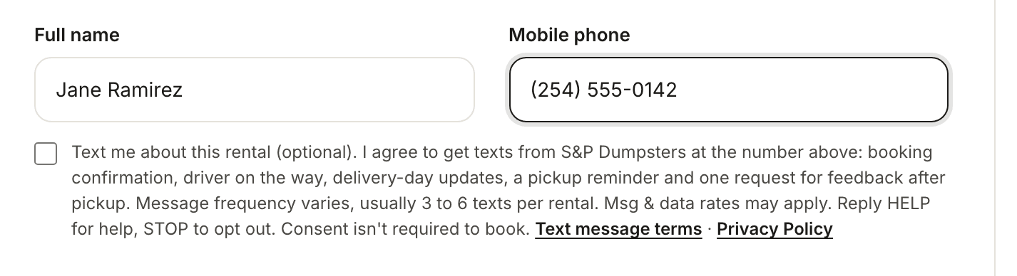 The Book Online form: the mobile phone field, with the optional unchecked texting checkbox and its wording directly below it