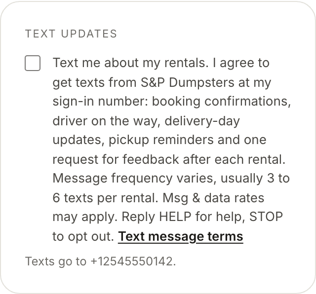 The customer portal's Text updates switch, off by default, with its wording beside it